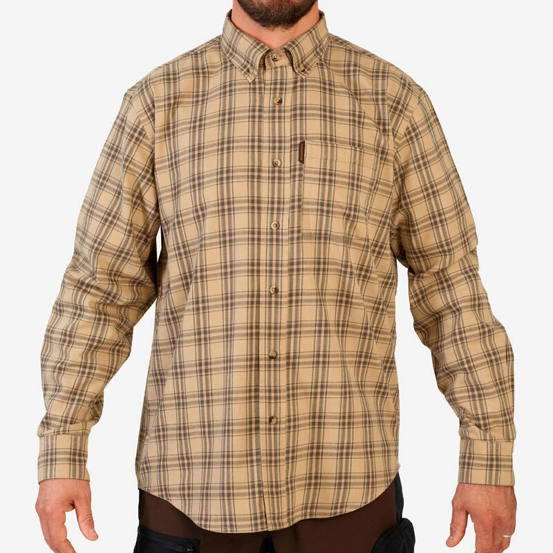 Chemise Chasse Coton Manches Longues Respirant Homme - 100 à Carreaux Beige. 2 Chemise Chasse Coton Manches Longues Respirant Homme - 100 à Carreaux Beige. – Image 2