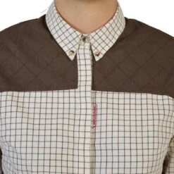 CHEMISE CHASSE MANCHES LONGUES COTON FEMME RESPIRANTE À CARREAUX BEIGE 500. -Chasse Fournitures Boutique chemise chasse manches longues coton femme respirante a carreaux beige 500 5